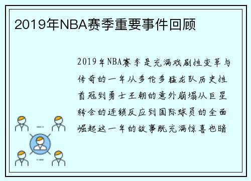 2019年NBA赛季重要事件回顾